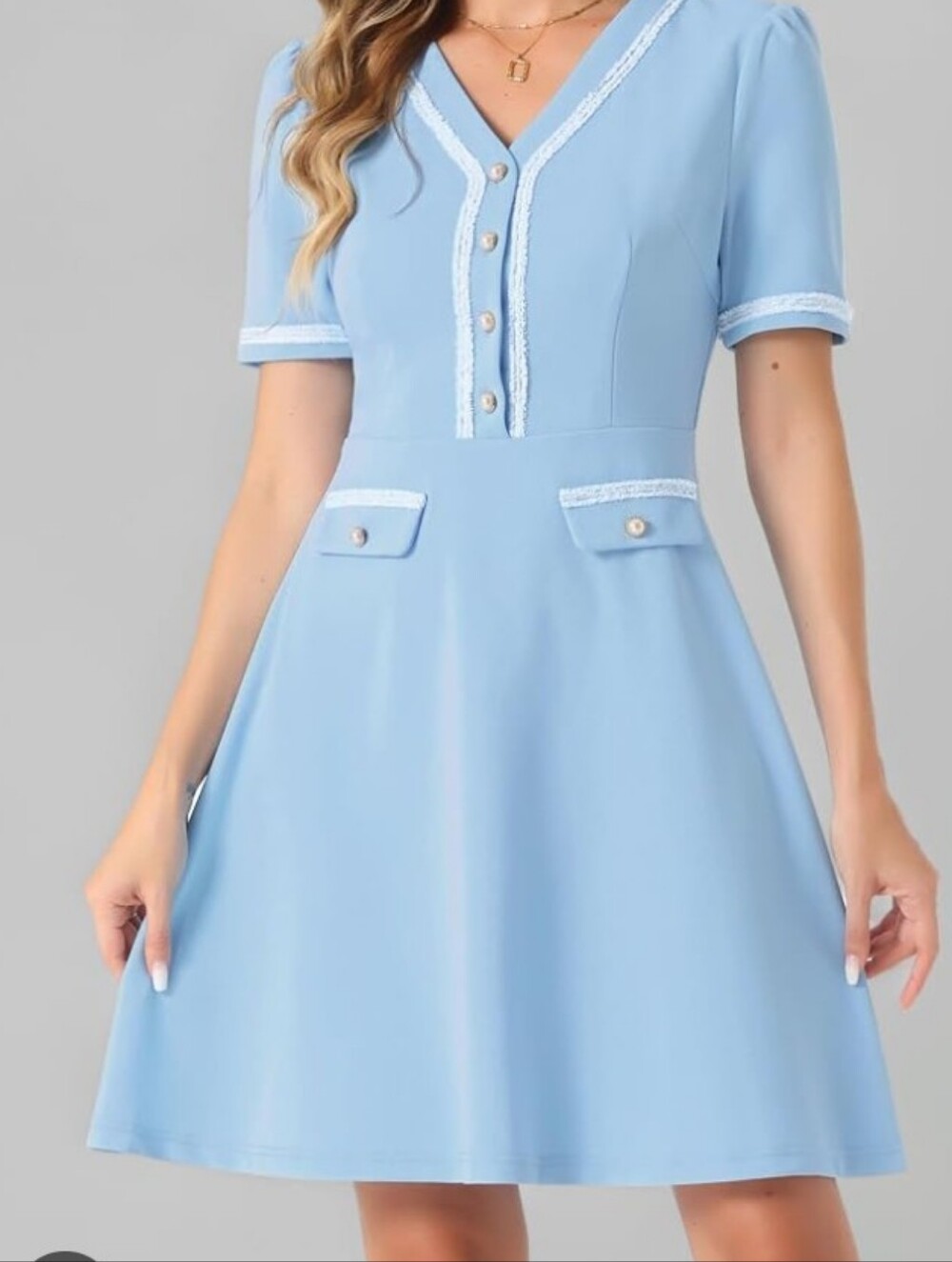 Allegra K Light Blue V-Neck A-Line Dress with White Trim